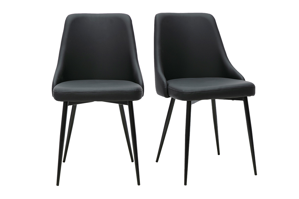 Set di 2 sedie design nere CULT viste di fronte, rivestimento in poliuretano, base in metallo nero.