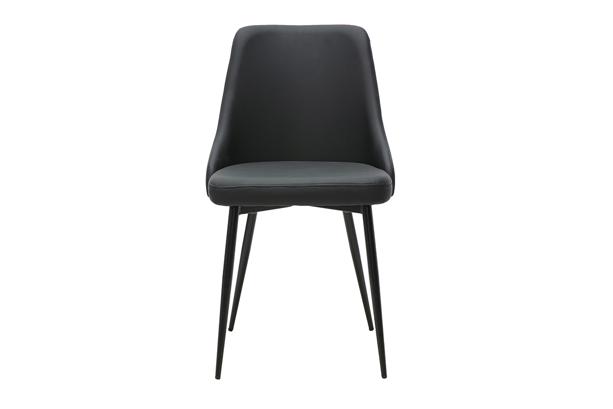 Sedia di design nera in poliuretano con base in metallo, vista frontale.