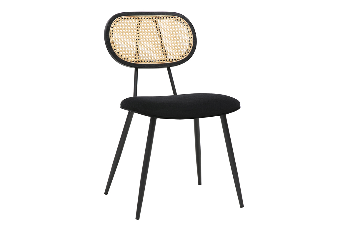 Sedia design nera in velluto, schienale in rattan intrecciato, vista da 3/4.
