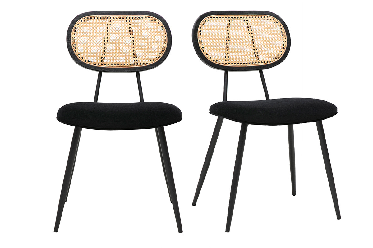 Sedie SWANN in velluto nero e rattan intrecciato, vista frontale, set di 2.