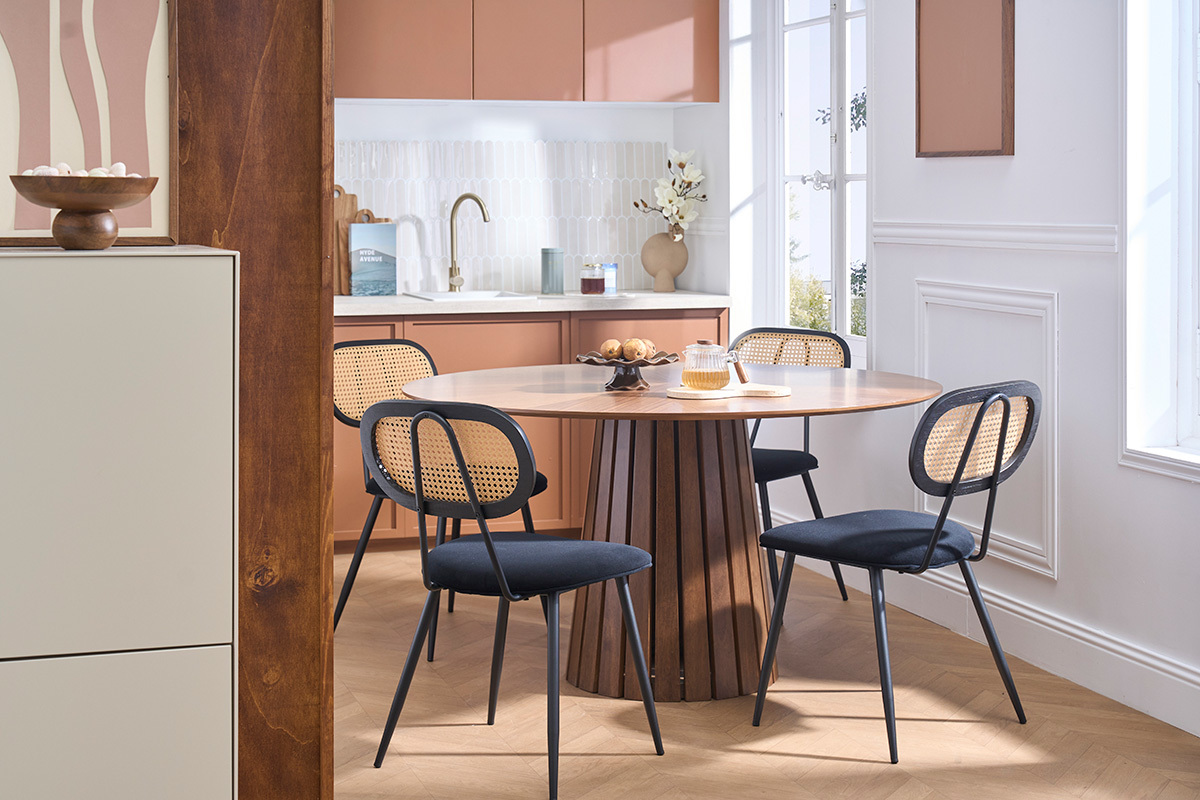 Sedie di design nere in velluto, metallo e rattan intrecciato (set di 2) SWANN