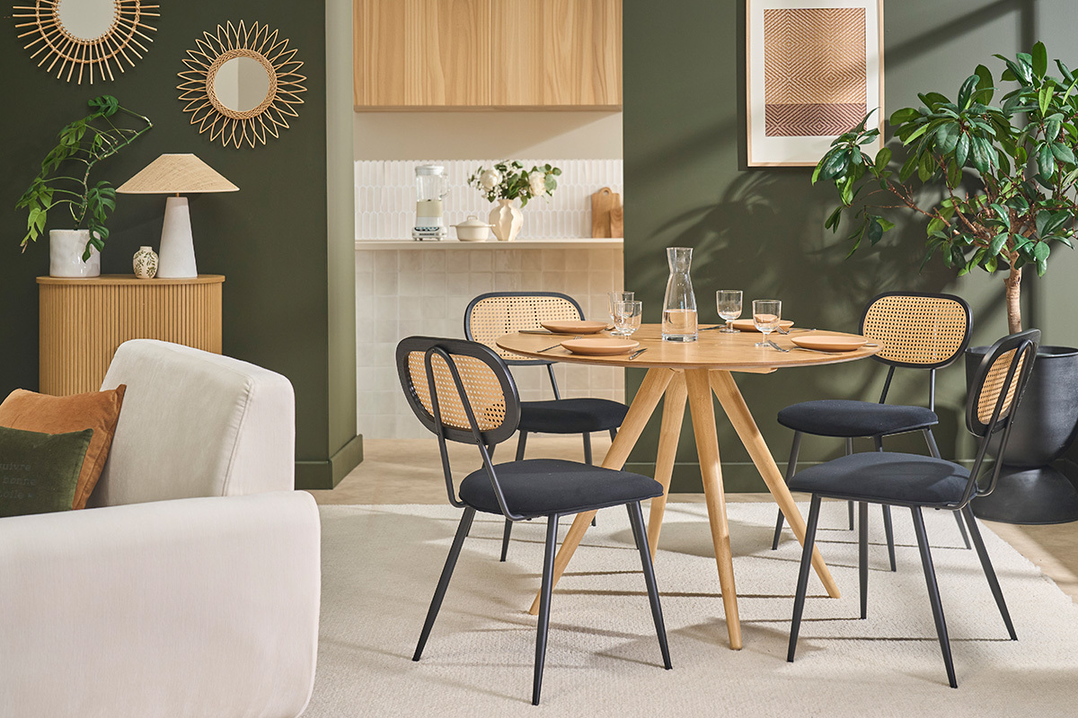 Sedie di design nere in velluto, metallo e rattan intrecciato (set di 2) SWANN