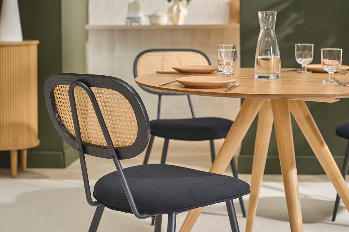 Sedie di design nere in velluto, metallo e rattan intrecciato (set di 2) SWANN