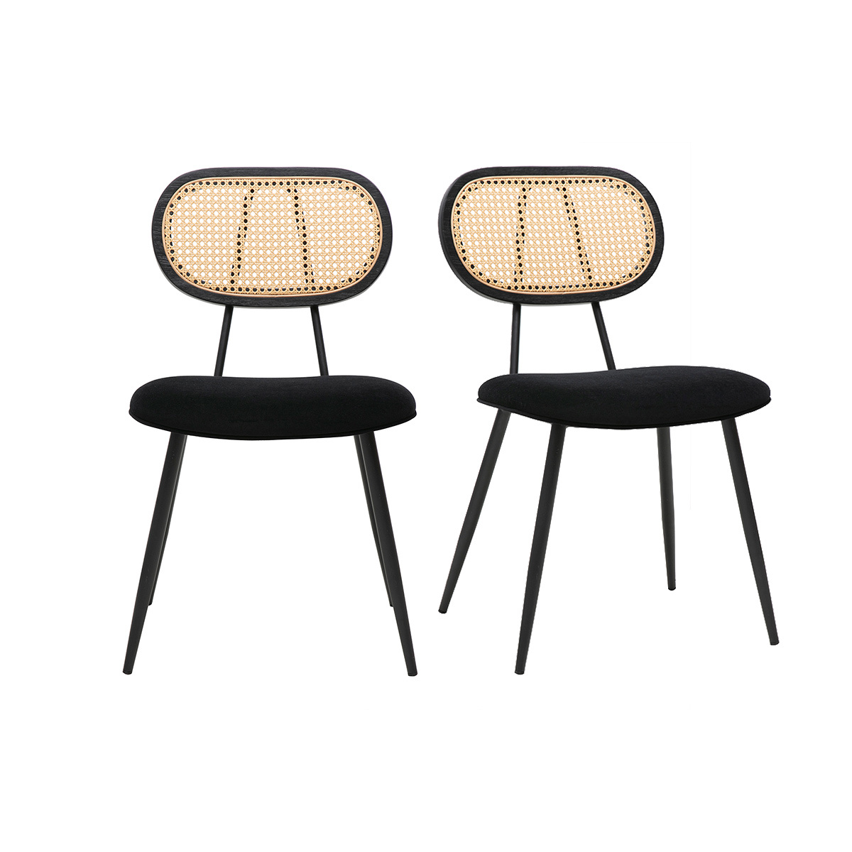 Sedie di design nere in velluto, metallo e rattan intrecciato (set di 2) SWANN