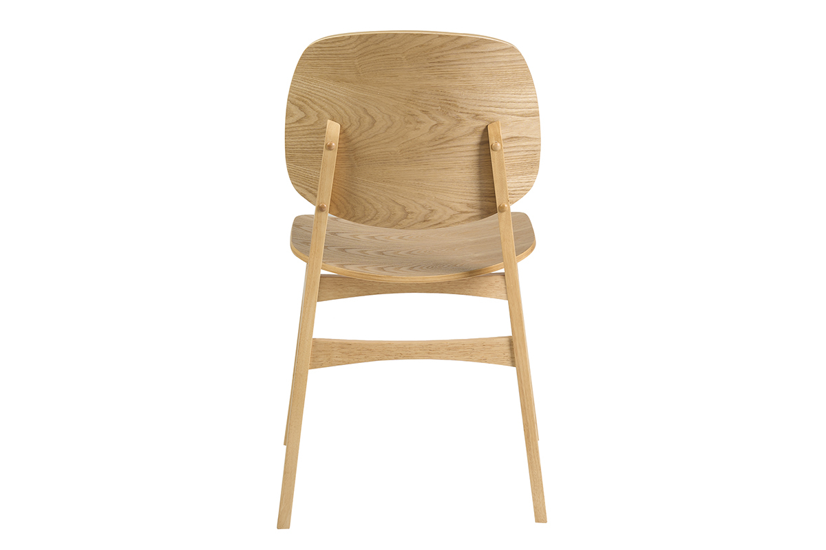 Sedie in legno chiaro di frassino, vista posteriore, design scandinavo, linee arrotondate.