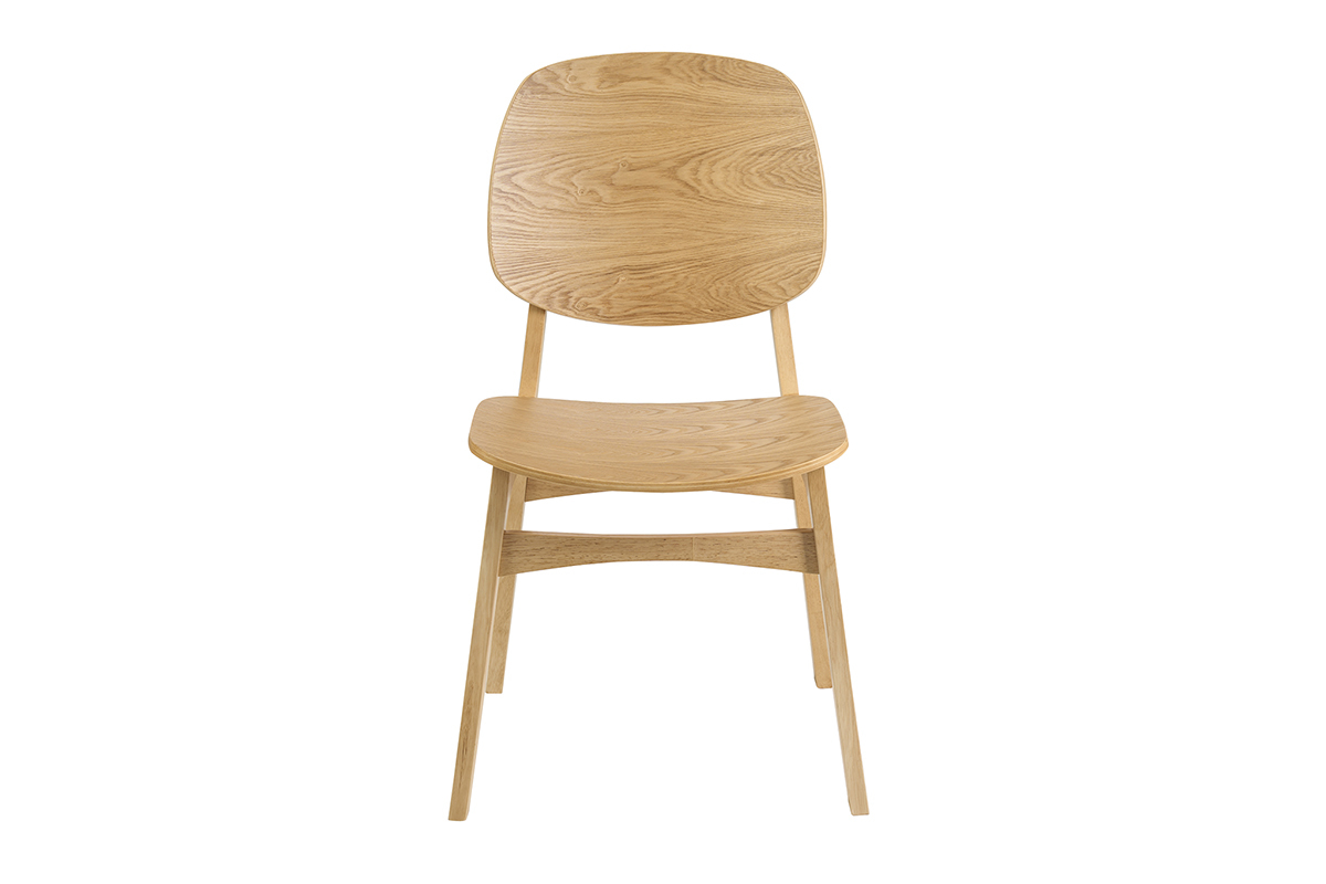 Sedia in legno chiaro di frassino, vista frontale, dal design scandinavo con seduta e schienale curvati.