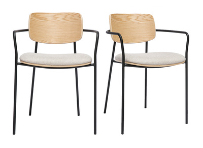 Sedie in legno chiaro di quercia, tessuto effetto velluto testurizzato beige e metallo nero (set di 2) SUSAN