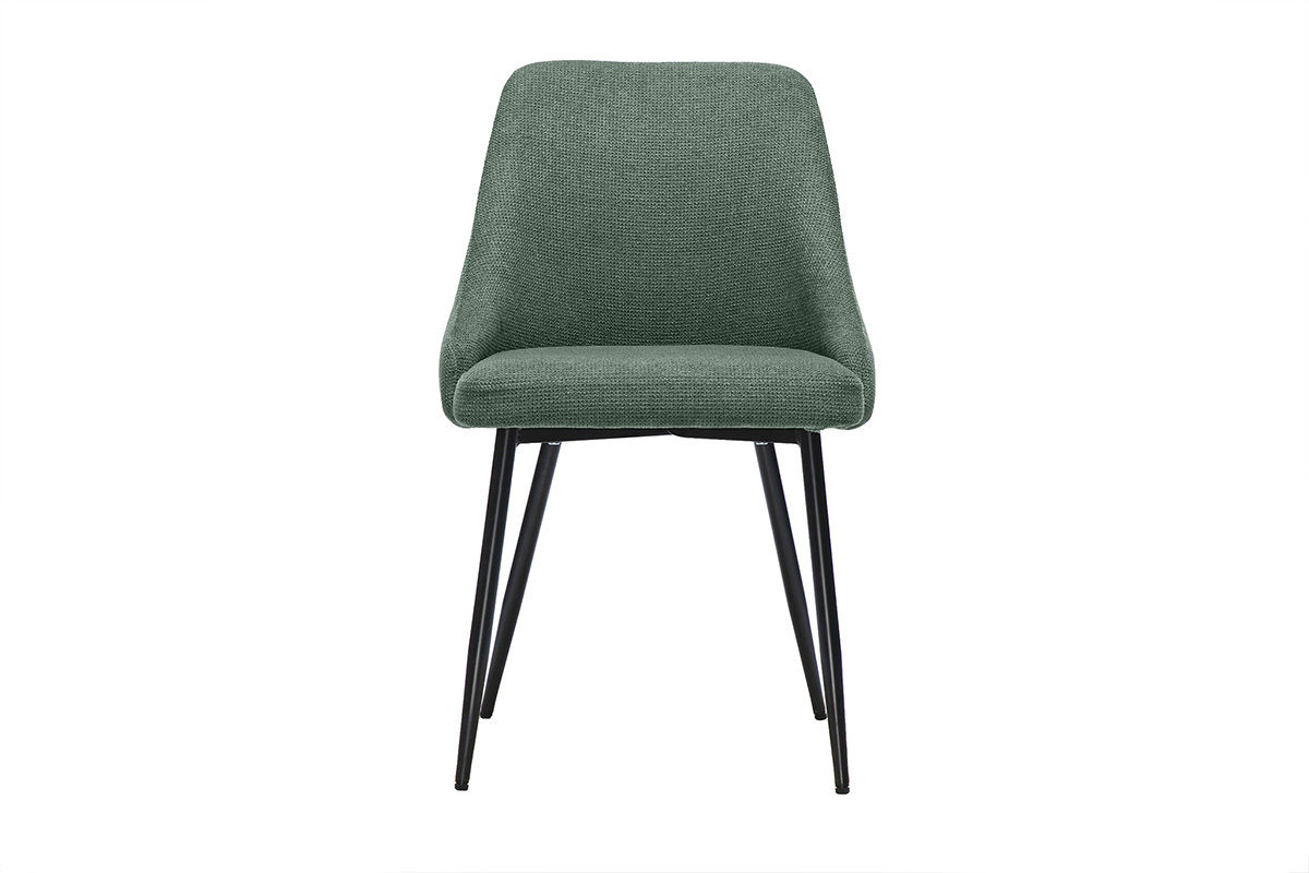 Sedia in tessuto chenille verde kaki con base in metallo nero, vista frontale.