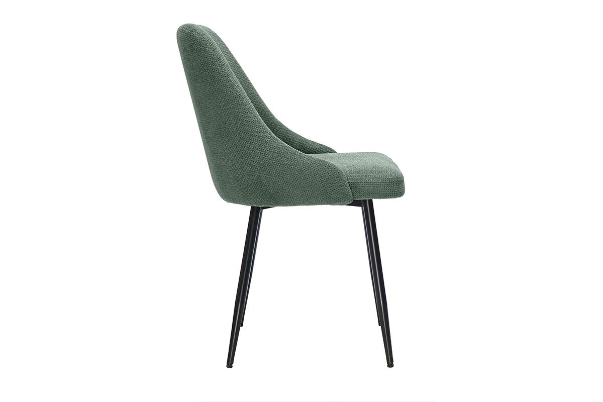 Sedia in tessuto chenille verde kaki con base in metallo nero, vista laterale