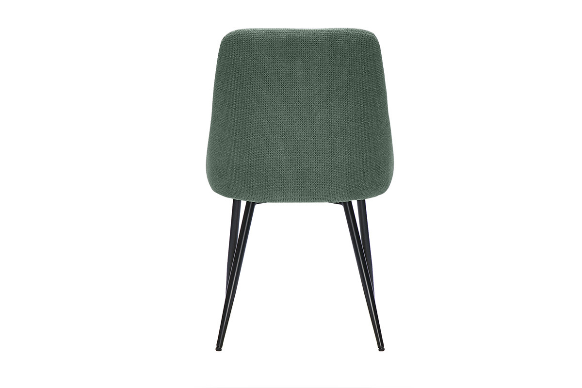 Vista posteriore di una sedia in tessuto ciniglia verde kaki con gambe in metallo nero, modello HASTA.