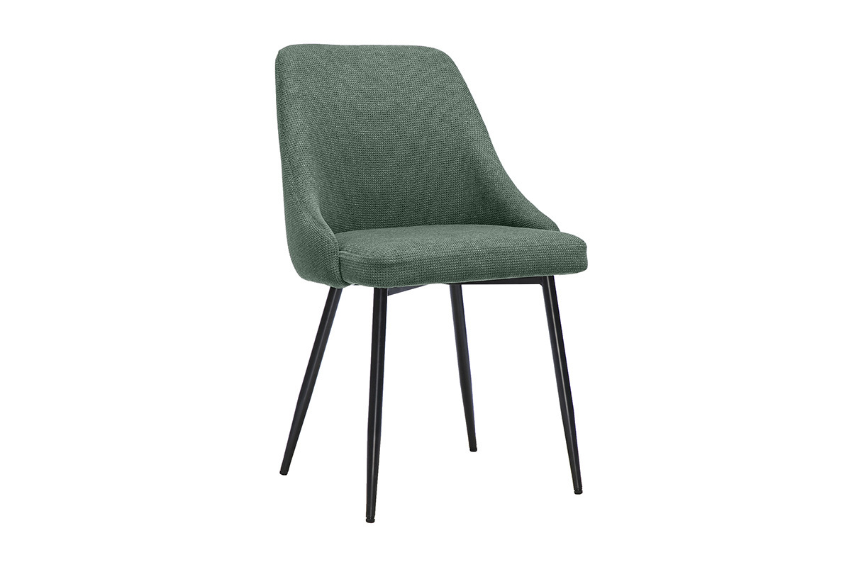 Sedia in tessuto ciniglia verde kaki con base in metallo nero, vista in 3/4.