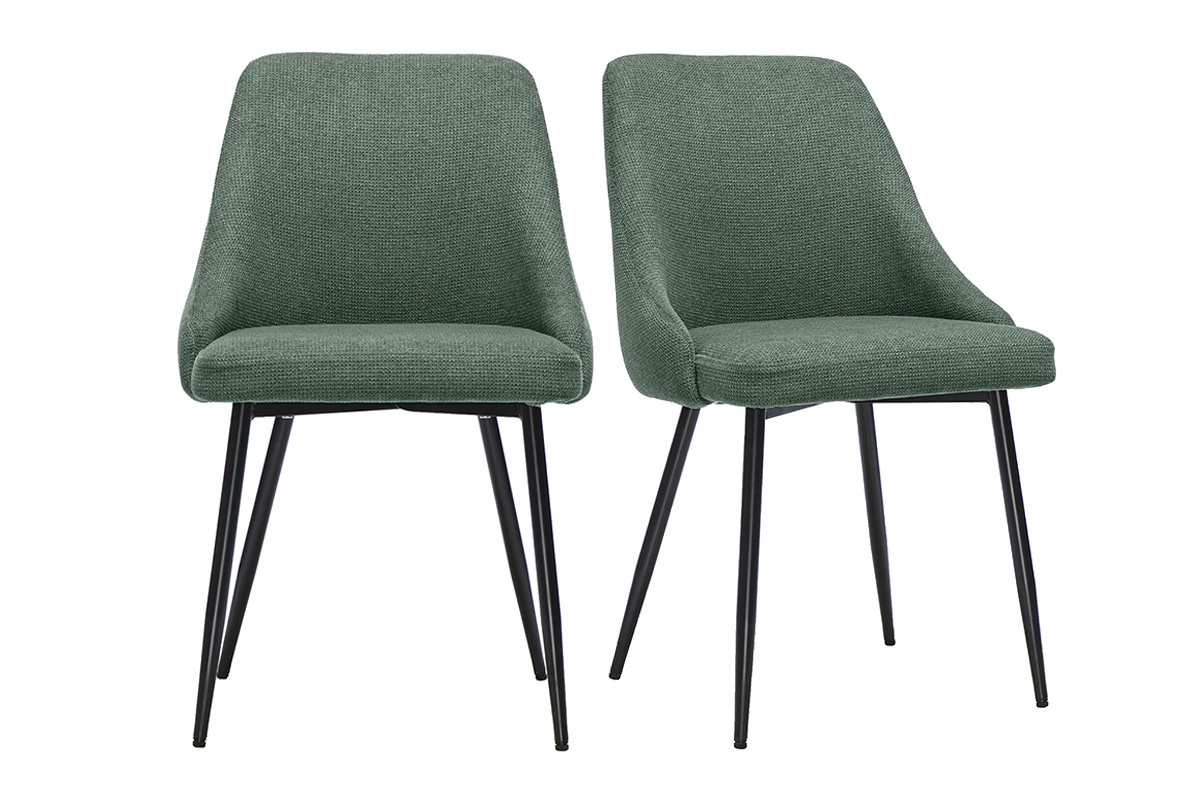 Set di 2 sedie in tessuto ciniglia verde kaki e metallo nero, vista frontale.