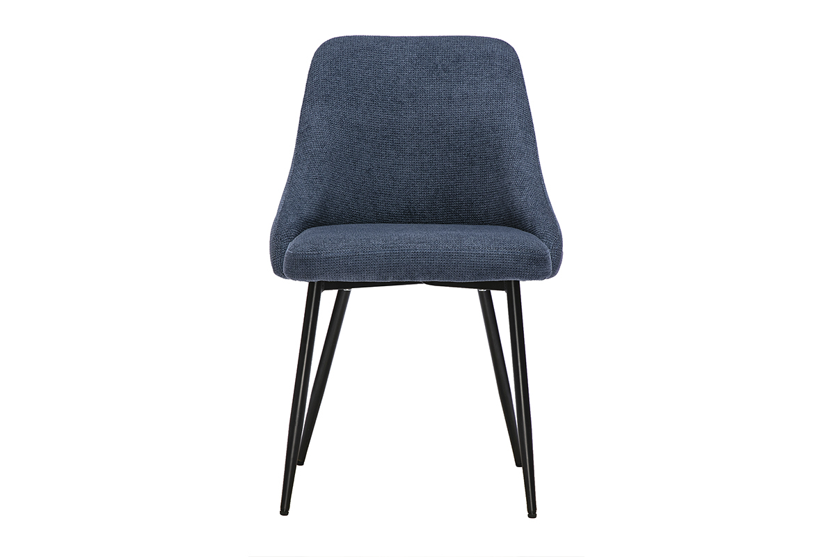 Sedia in tessuto chenille blu scuro con struttura in metallo nero, vista frontale.