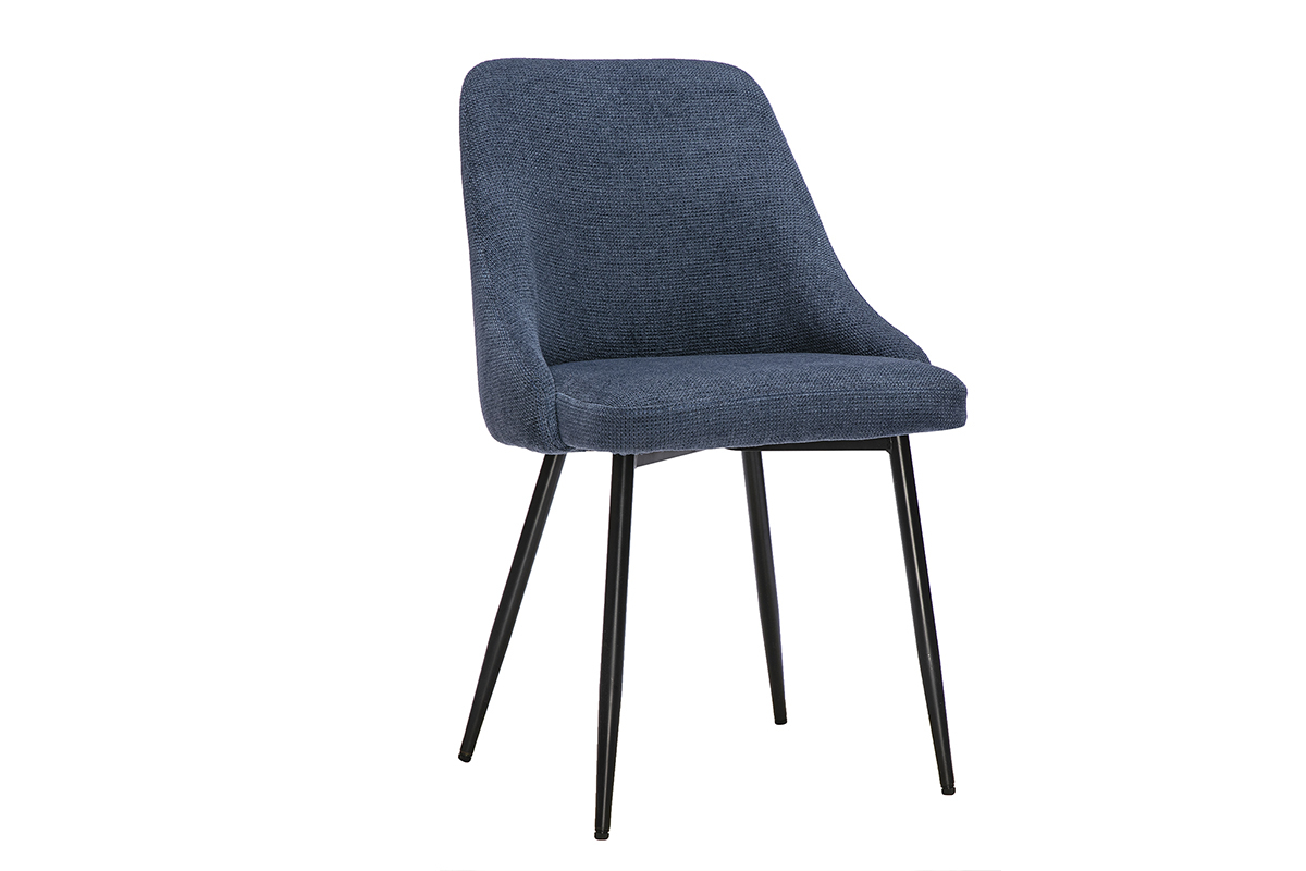 Sedia in tessuto chenille blu scuro con base in metallo nero, vista a 3/4.