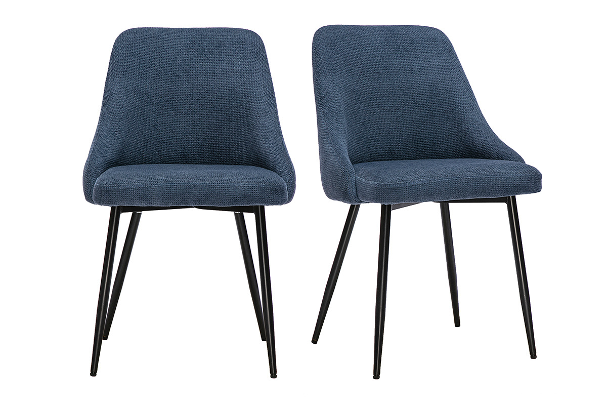 Set di 2 sedie in tessuto ciniglia blu scuro con base in metallo nero, vista frontale.