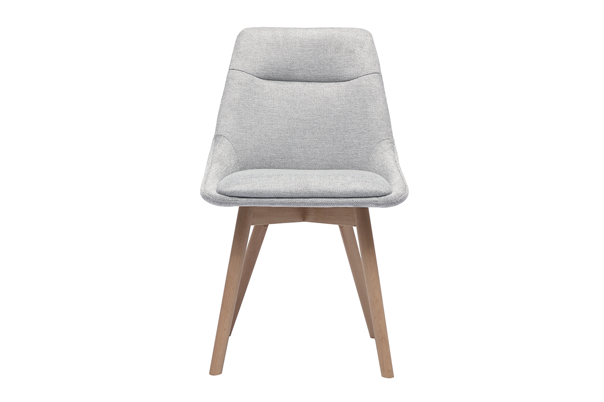 Sedia in tessuto effetto velluto grigio chiaro e legno chiaro, vista frontale.
