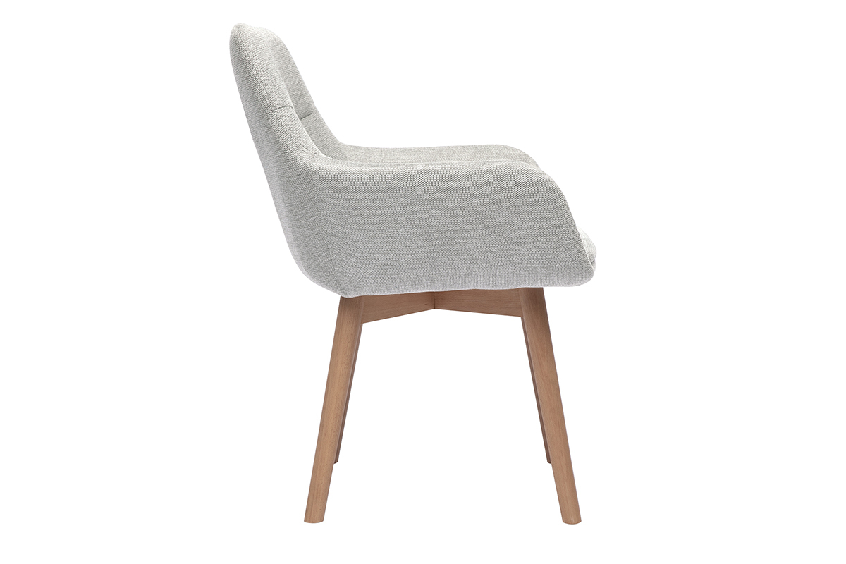 Sedia in tessuto effetto velluto grigio chiaro, vista laterale, gambe in legno chiaro.