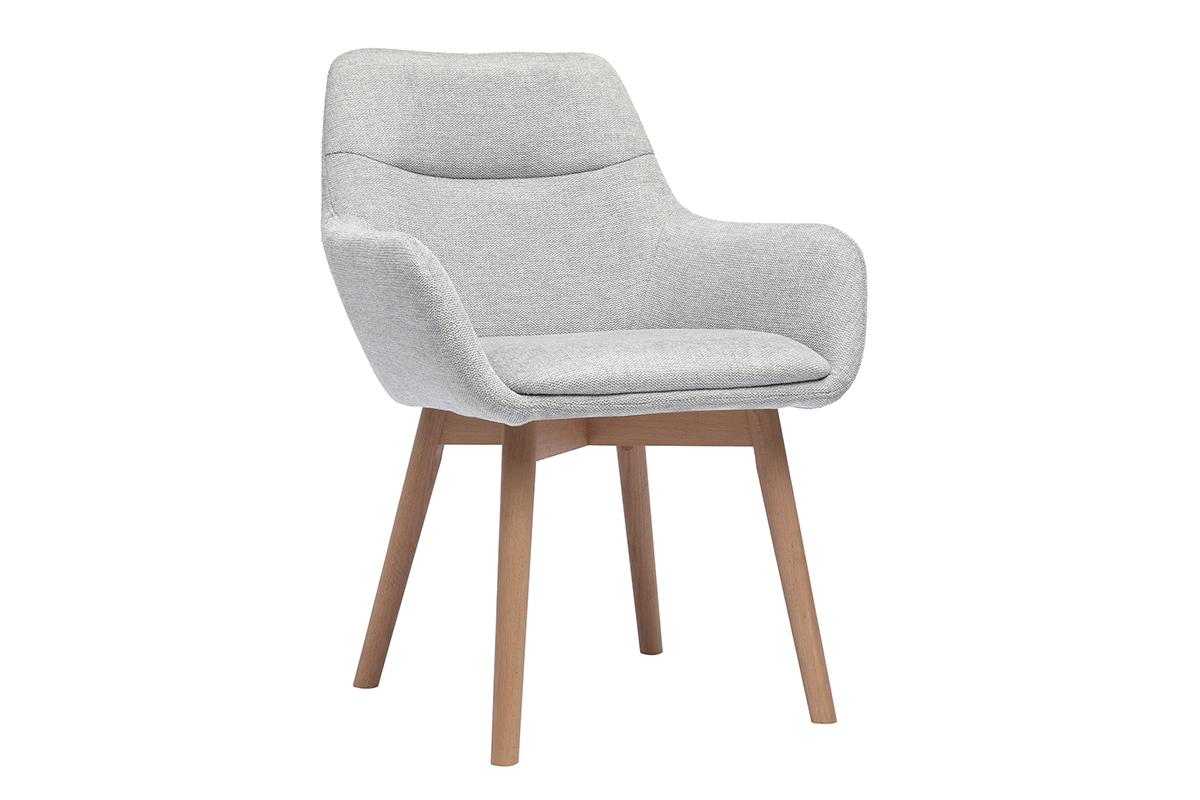 Sedia grigia in tessuto effetto velluto con gambe in legno chiaro, vista da 3/4.