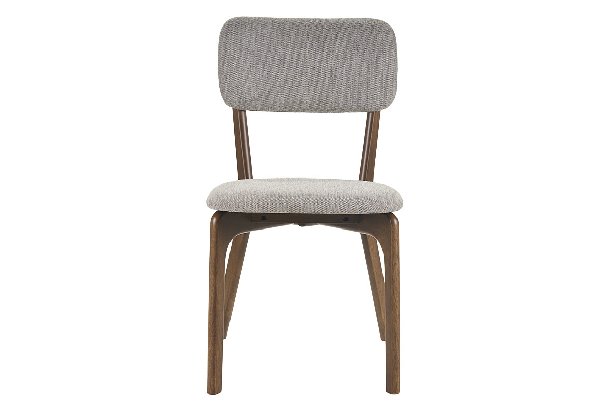 Sedia in tessuto grigio effetto velluto, struttura in legno scuro, vista frontale.