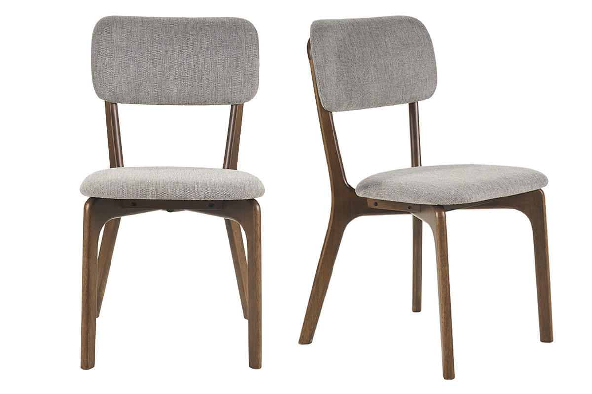 Due sedie in tessuto grigio e legno scuro, vista frontale e laterale.