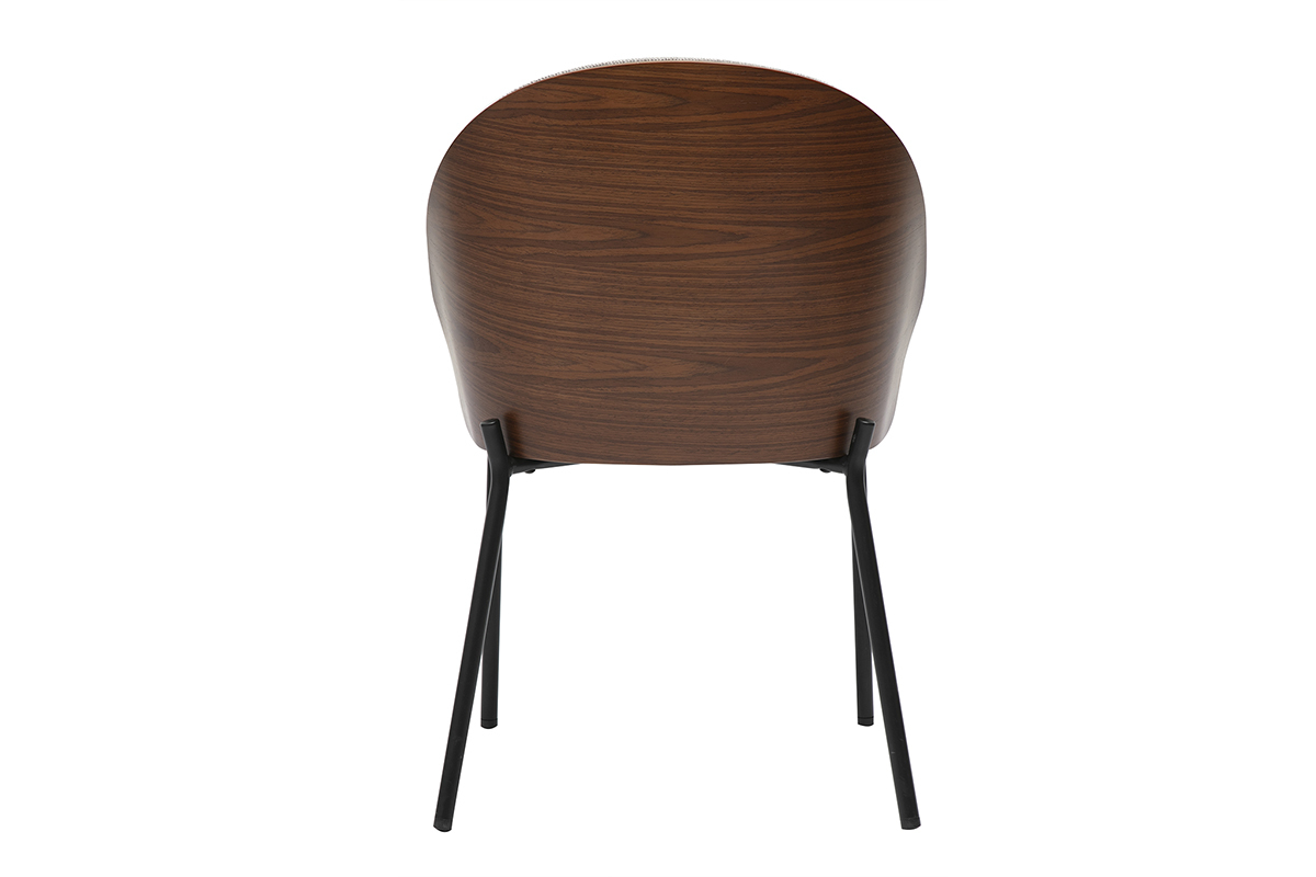 Vista posteriore di una sedia in legno scuro e metallo nero, schienale arrotondato.