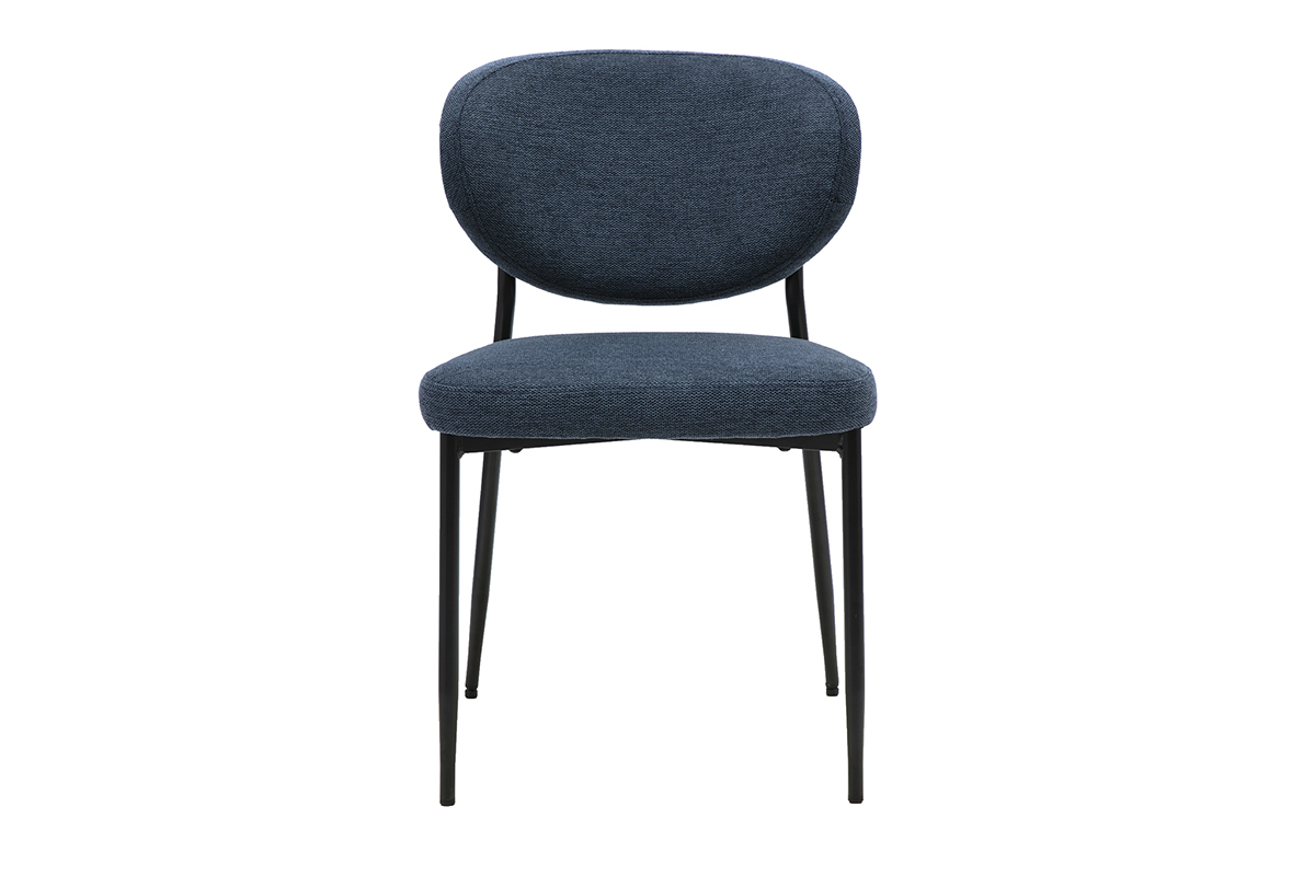 Sedia BREKA in tessuto velluto blu scuro con gambe in metallo nero, vista frontale.