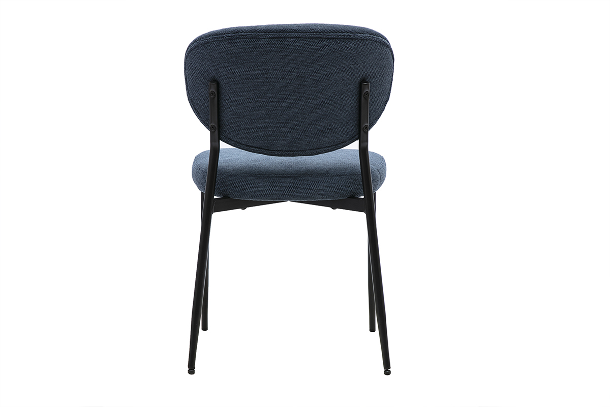 Sedie BREKA in tessuto blu scuro, vista posteriore con base in metallo nero.