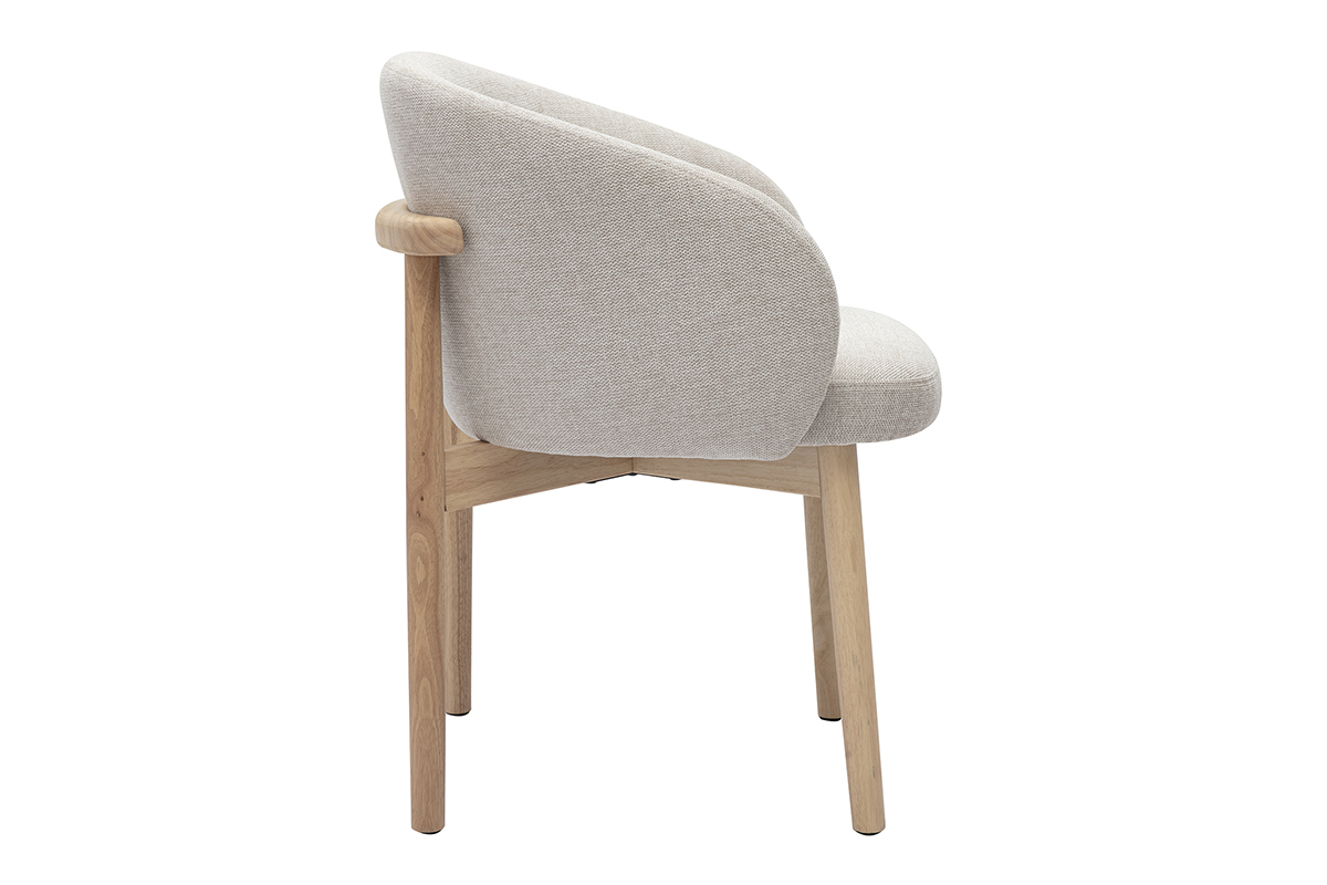 Sedia TORVI in tessuto beige strutturato, vista di profilo, con gambe in legno chiaro.