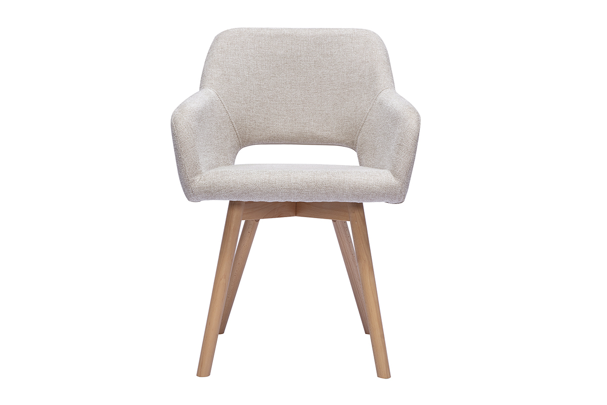 Sedia in tessuto beige con braccioli e gambe in legno chiaro, vista frontale