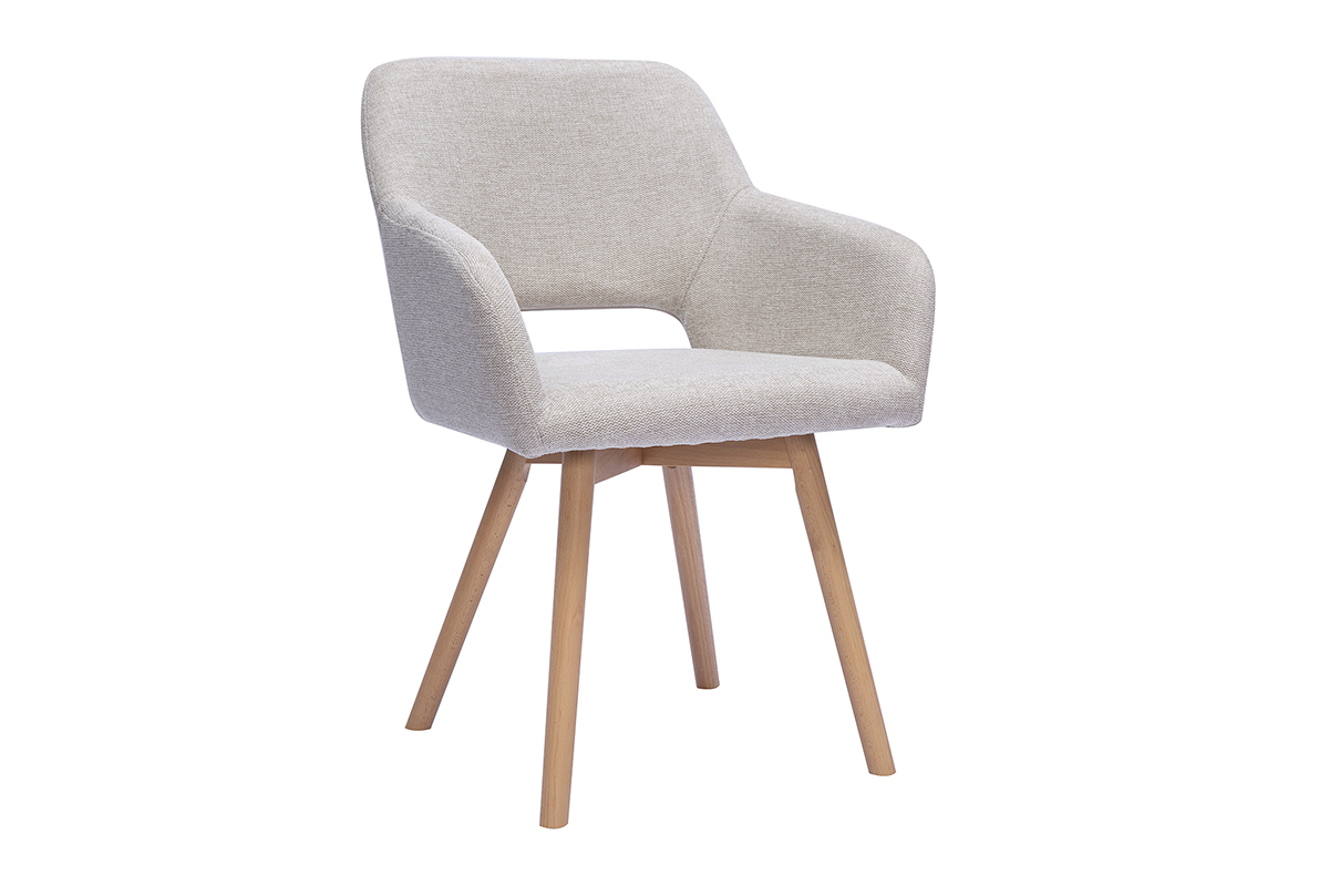 Sedia in tessuto beige effetto velluto testurizzato con braccioli e piedi in legno chiaro