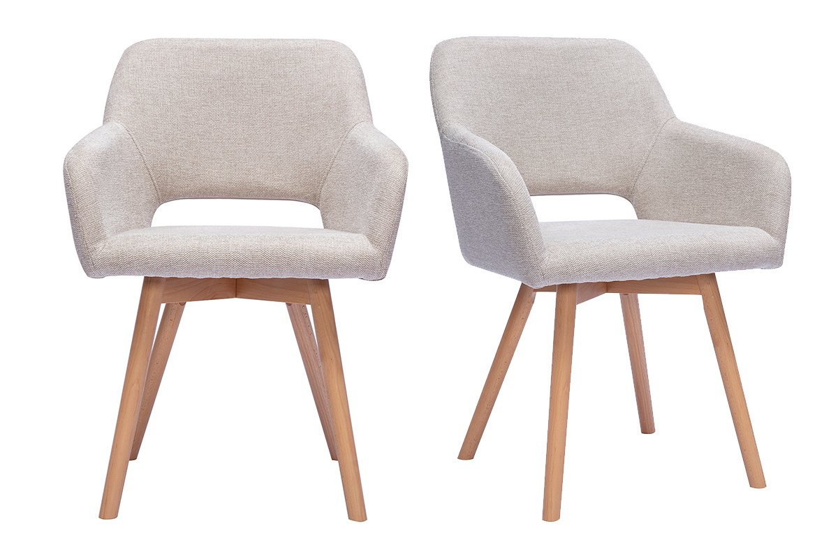 Set di 2 sedie in tessuto effetto velluto testurizzato beige e legno chiaro, vista frontale.