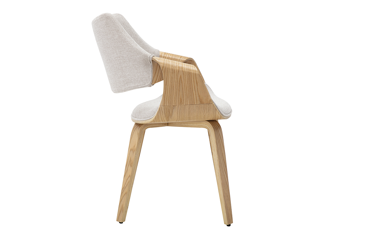 Sedia SEVAN in tessuto effetto velluto beige con struttura in legno chiaro, vista laterale.