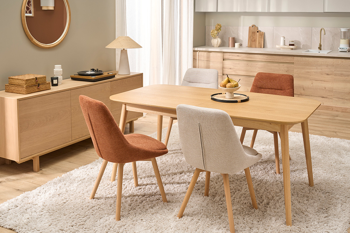 Sedie in tessuto effetto velluto testurizzato beige e legno chiaro (set di 2) ALESS