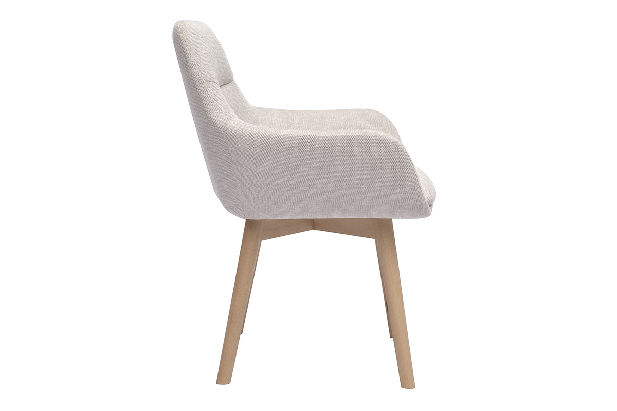 Sedia ALESS in tessuto beige e legno chiaro, vista laterale.
