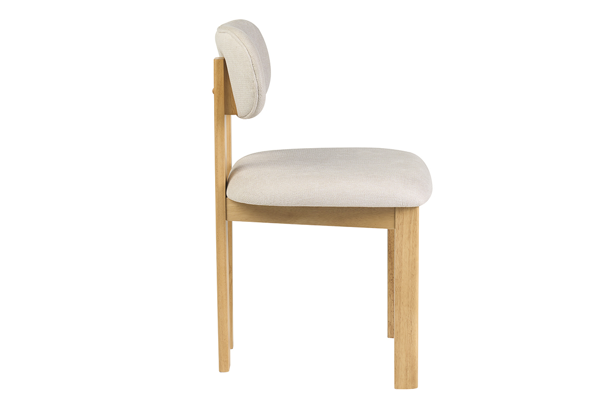 Sedia in tessuto beige effetto velluto con struttura in legno chiaro di frassino, vista laterale.