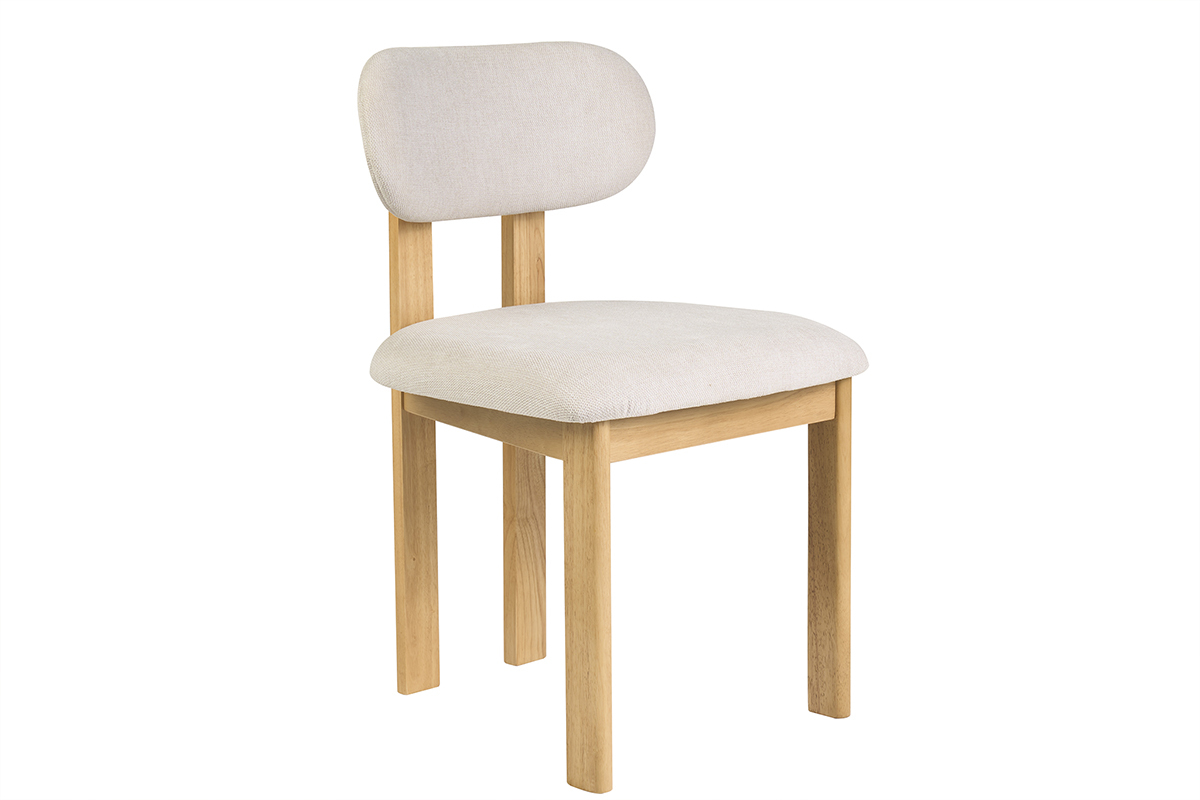Sedia in tessuto beige effetto velluto e legno chiaro frassino, vista 3/4