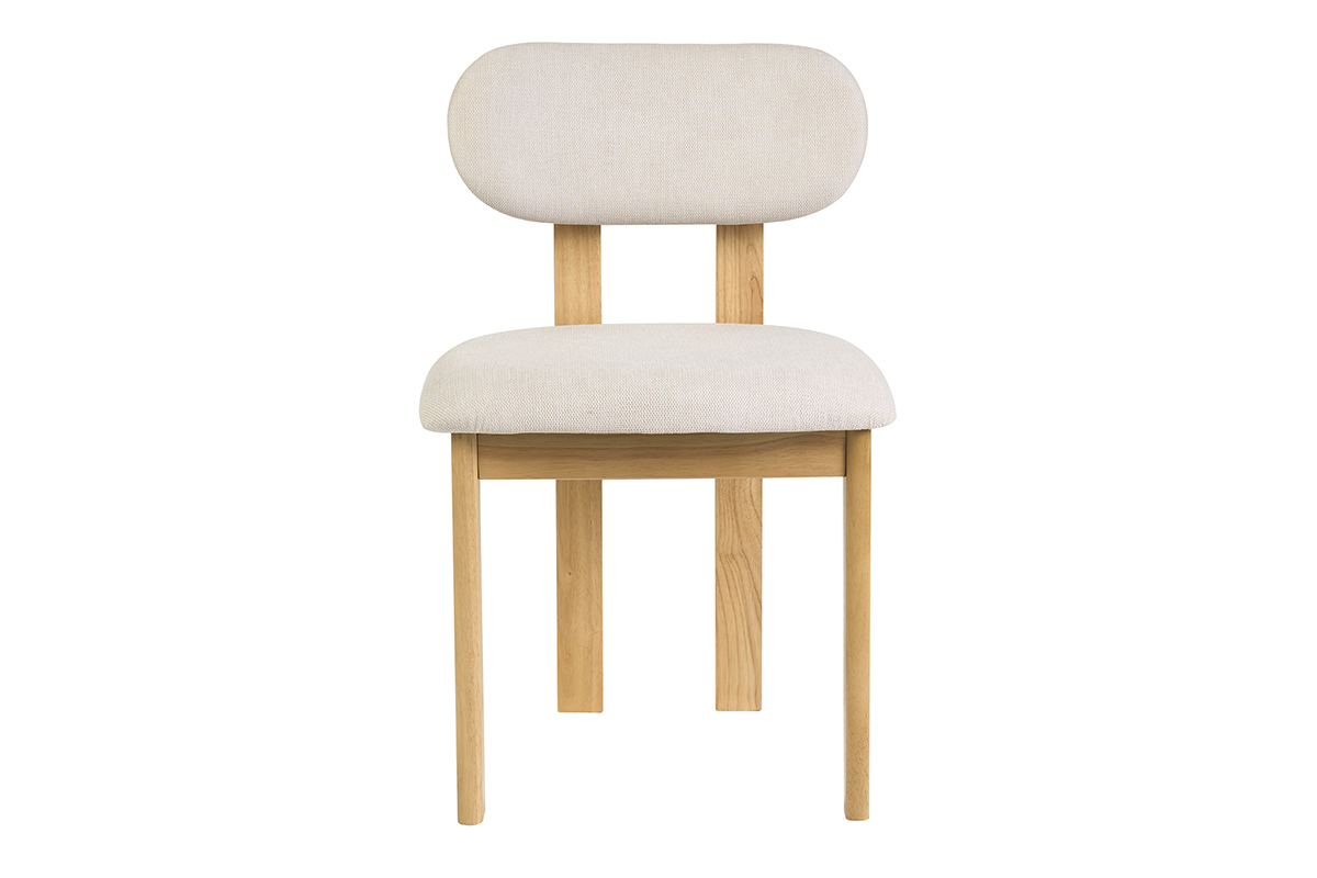 Sedia NORMI in tessuto beige con schienale arrotondato, vista frontale, legno chiaro di frassino.