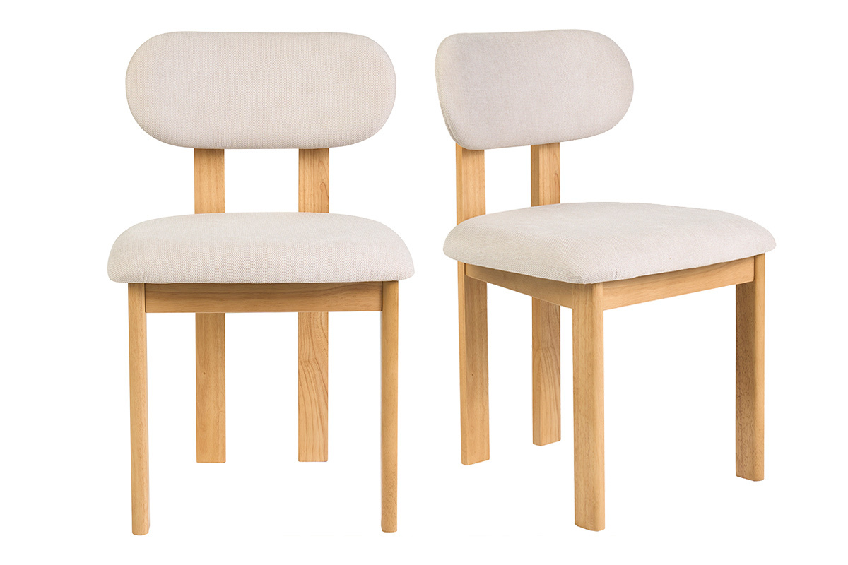 Sedie in tessuto beige e legno chiaro di frassino, vista frontale, set di 2.