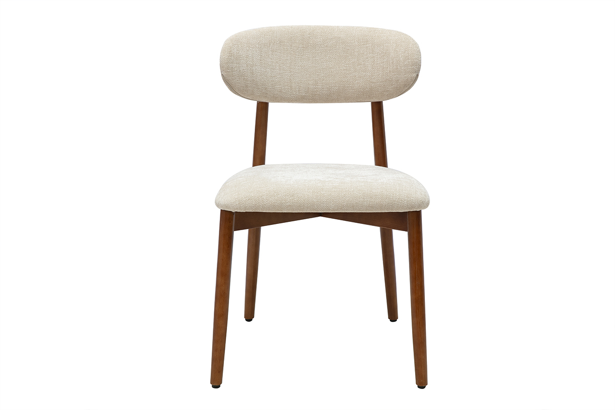 Sedia di design SIAME in tessuto beige e legno scuro, vista frontale