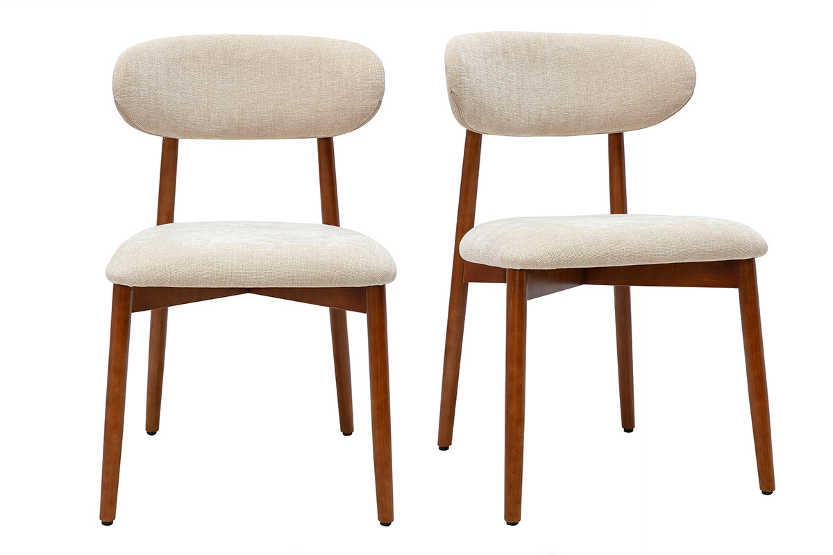 Sedie in tessuto effetto velluto beige e legno scuro, vista frontale, set di 2.