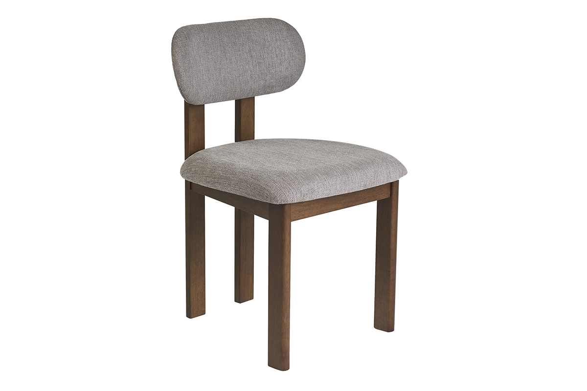Sedia in tessuto grigio con schienale arrotondato e struttura in legno scuro noce, vista a 3/4.