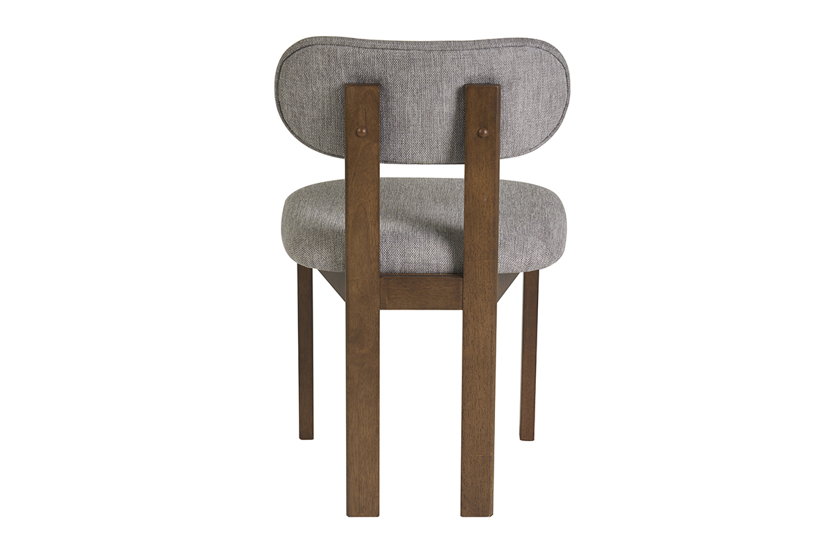 Sedia NORMI in tessuto grigio e legno di noce, vista da dietro, design vintage moderno.