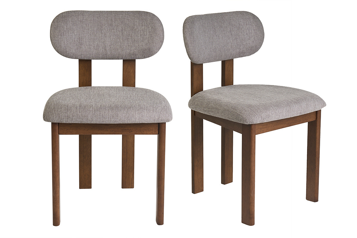 Set di 2 sedie NORMI in tessuto grigio effetto velluto e legno scuro noce, vista frontale.