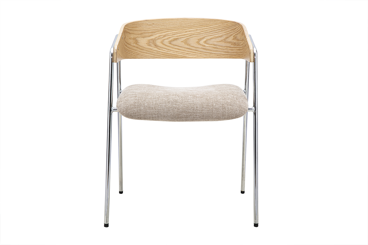 Chaise in tessuto taupe con schienale in legno chiaro e gambe cromate, vista frontale.