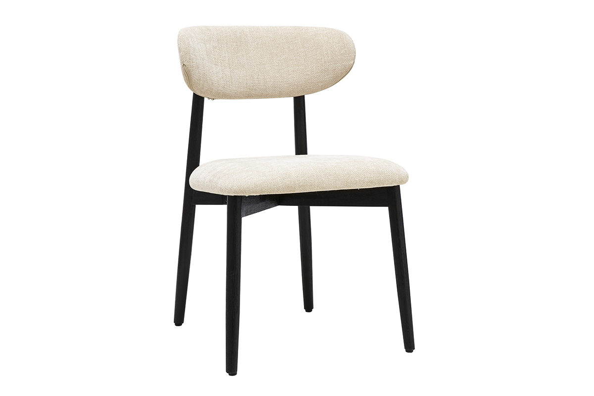 Sedia beige in tessuto effetto velluto testurizzato con struttura in legno nero, vista a 3/4