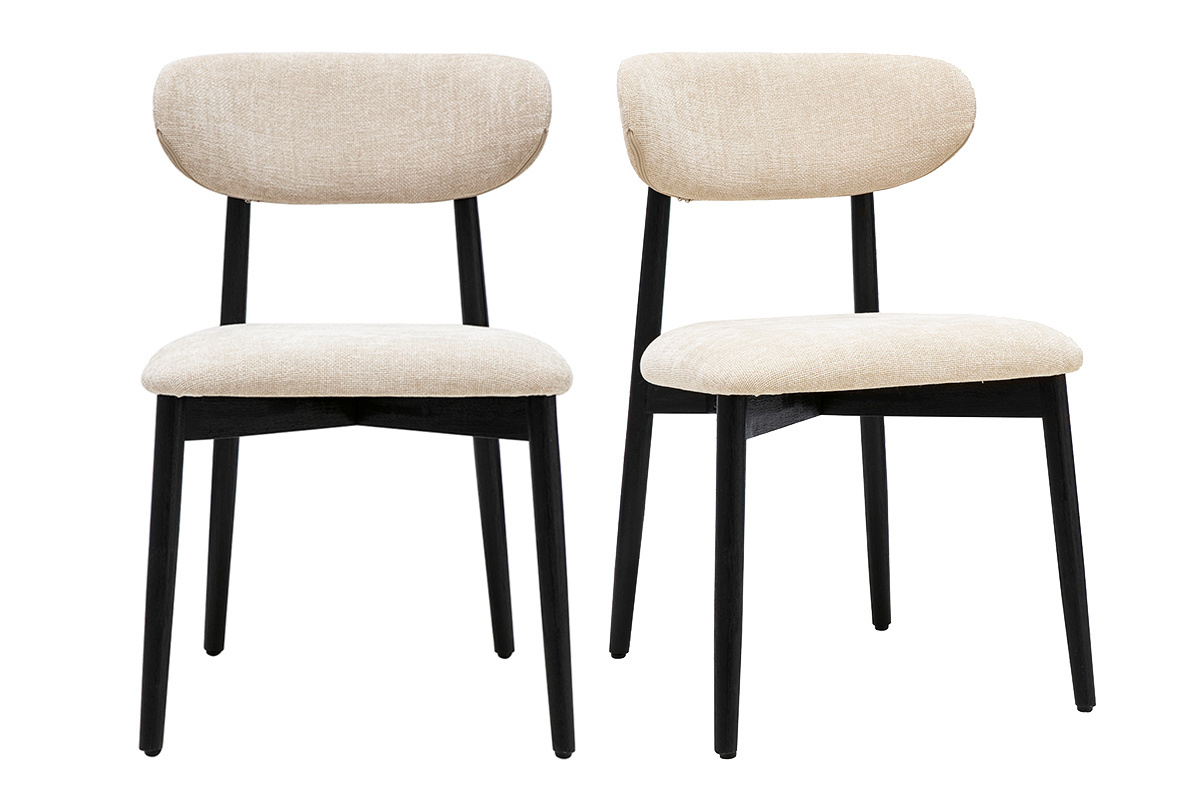 Sedie in tessuto beige effetto velluto e legno nero, vista frontale, set di 2