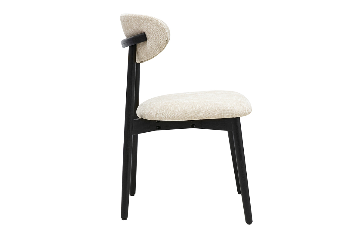 Sedia SIAME in tessuto beige con schienale curvo, vista di profilo su gambe in legno nero.