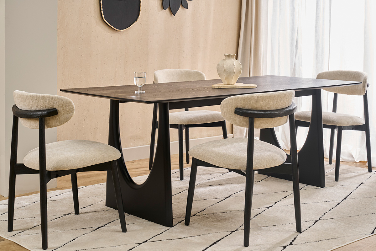 Sedie in tessuto effetto velluto texturizzato beige e legno nero (lotto di 2) SIAME
