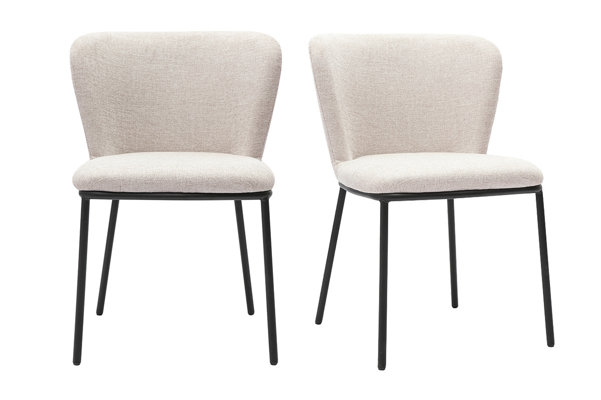 Set di 2 sedie in tessuto effetto velluto testurizzato beige e metallo nero, vista frontale.