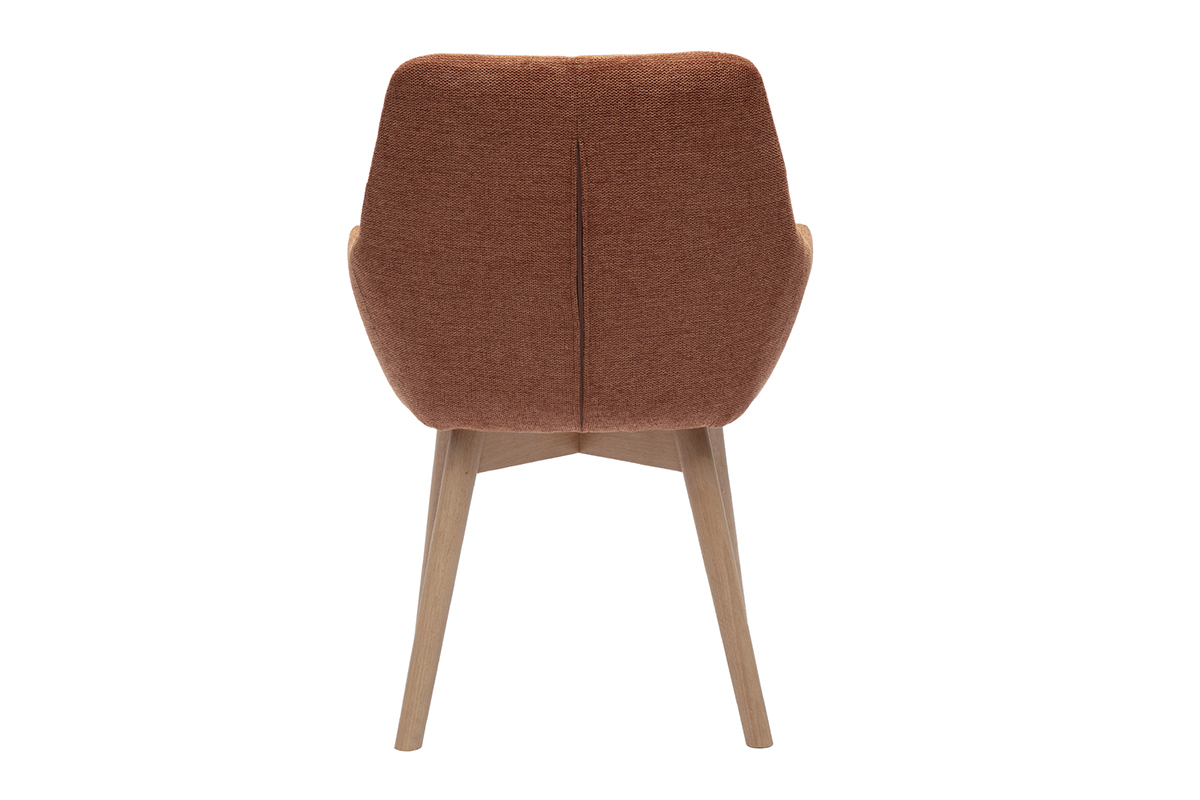 Sedia in tessuto terra bruciata, vista posteriore, gambe in legno chiaro.